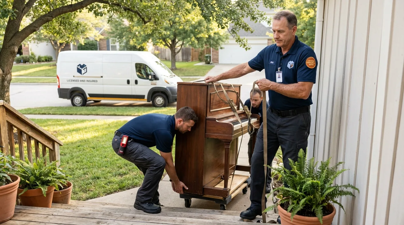 Licensed piano movers securing grand piano in Centerfield, UT