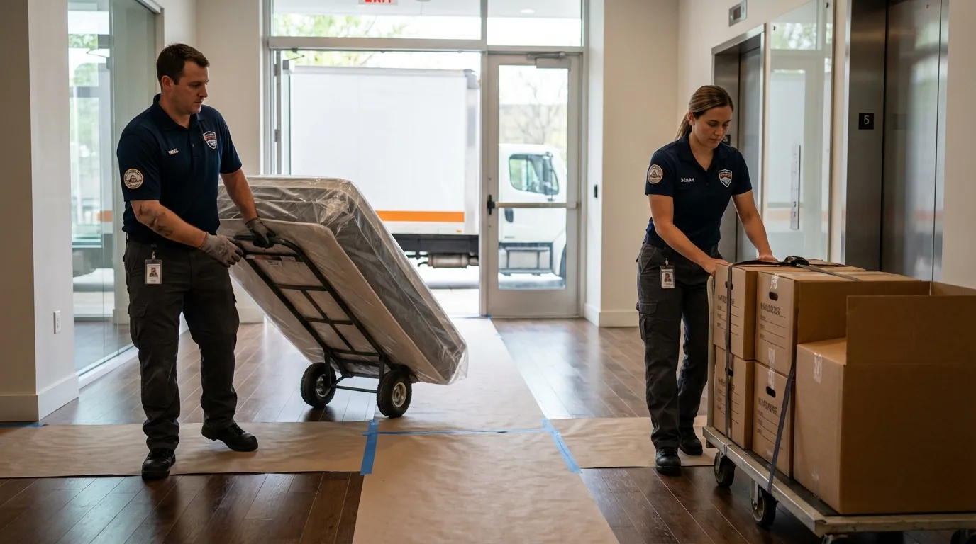 Professional apartment movers loading elevator in Centerfield, UT