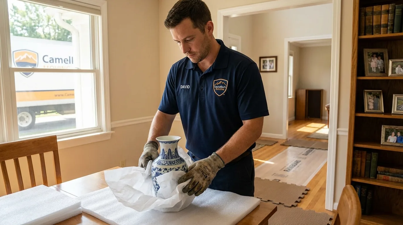 Professional crew carefully wrapping antique vase for senior downsizing move in Centerfield, UT